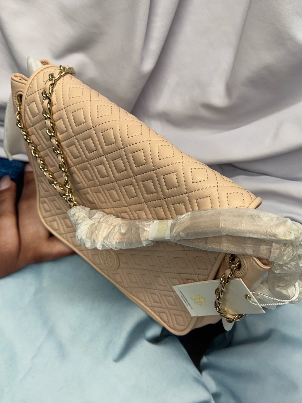 (new+tag) Tory Burch Quilted Chain Shoulder Bag / Crossbody Pale Pink Apricot - Picture 12 of 17